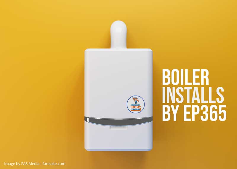 Boiler on orange background with text - Boiler installs by EP365